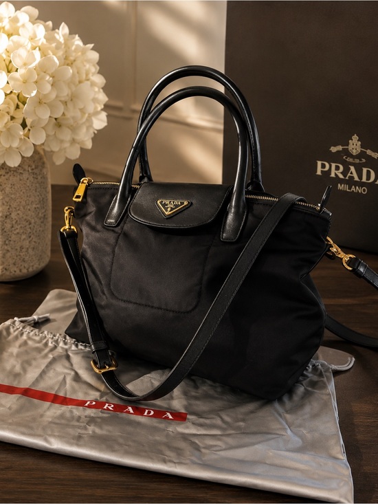 Prada Handbags - Prada Black Nylon Shoulder Tote with Gold Hardware